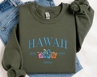 Hawaii Embroidered Sweatshirt, Embroidered Hawaii Aloha State, Hawaii Shirt, Vacation Sweatshirt, Beach Vibes Sweatshirt