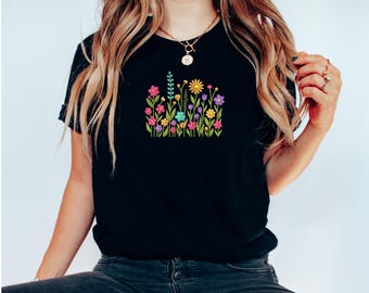 Floral Shirt Women Comfort Colors Wildflower Tshirt Embroidered Shirt Floral Crewneck