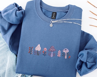 T-shirt met geborduurde paddenstoel, geborduurd botanie-shirt, ronde hals geborduurde paddenstoel