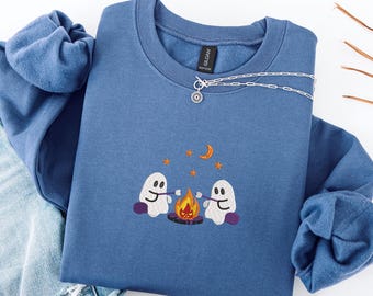 Cute Ghost Campfire Sweatshirt Funny Halloween Crewneck Ghost Roast Fall Shirt, Spooky Season Pullover, Ghost Friends Tee