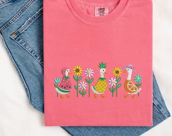 Obst Entenstickerei Shirt - Komfortfarben Sommer T-Shirt - Cottagecore Enten T-Shirt - Süßes Vintage Ästhetisches Shirt - Lustiges Bauernhof Tier Shirt