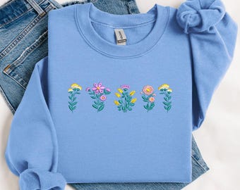 Wildflower Embroidered Sweatshirt Floral Tshirt Embroidered Crewneck Flower Shirt Embroidered Top Gift for Her, Mother's Day Gift
