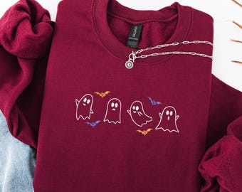 Schokoladen-Geist besticktes Halloween-Sweatshirt, süße Geister mit Fledermäusen im Herbst, gruseliger gemütlicher Rundhalsausschnitt für Frauen