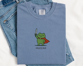 Funny Embroidered Shirt Comfort Colors, Huzzah Frog with Sword Tee, Medieval Frog Shirt, Funny DnD Top, Renaissance Faire Frog Gift