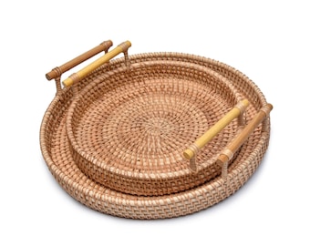 ROUND RATTAN TRAY,  bamboo tray handles, wine serving trays, housewarming gifts, bath tray, decorative tray, round tea tray
