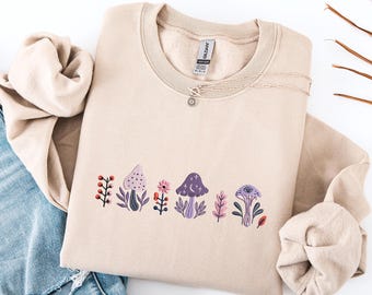 T-shirt met geborduurde paddenstoel, geborduurd botanie-shirt, ronde hals geborduurde paddenstoel