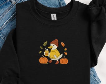 Fall Goose Shirt – Cozy Autumn Embroidered Sweatshirt or T-Shirt – Pumpkin Coffee Duck Shirt – Comfort Colors Fall Outfit
