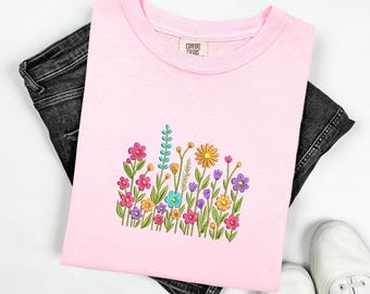 Floral Shirt Women Comfort Colors Wildflower Tshirt Embroidered Shirt Floral Crewneck