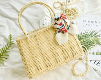 RATTAN BOHO HANDBAG, cestino da picnic in rattan, borse di paglia estive, borse da spiaggia di paglia, piccolo cestino in rattan, cesto di fiori, cestino da picnic per ragazze