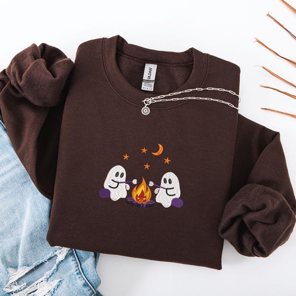 Embroidered Ghost Campfire Sweatshirt, Funny Halloween Hoodie, Ghost Roast Fall Shirt, Spooky Season Pullover, Ghost Friends Tee