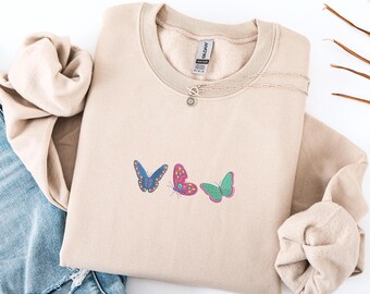Vintage Butterfly Sweatshirt Embroidered, Butterfly Tshirt Embroidered, Spring Crewneck, Summer Tshirt Embroidered