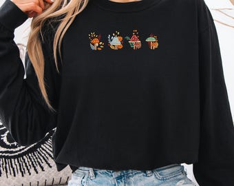 Maglietta a maniche lunghe con ricamo a forma di fungo, colori comfort, maglietta a maniche lunghe / Top con ricamo a forma di foresta autunnale, maglietta Cottagecore con motivo a fungo, regalo per gli amanti della natura