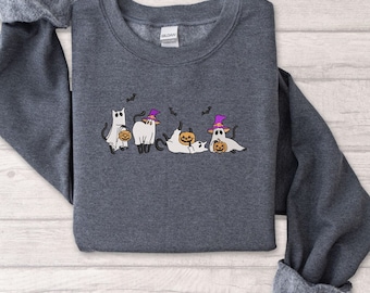 Moletom bordado de gato fantasma de Halloween, camiseta bordada com capuz, moletom fofo de gato fantasma
