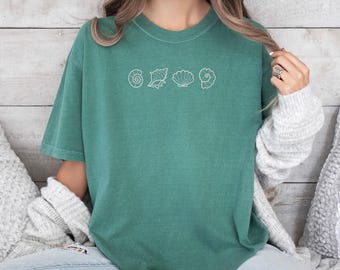 Comfort Colors Sea Shell Tshirt Embroidered Summer Vibes Beach Shirt, Beach Vacation Tshirt,