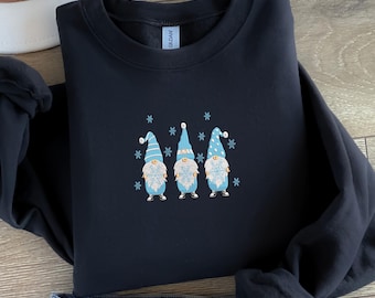 Christmas Gnomes Sweatshirt Embroidered, Cute Gnome Shirt, Women Holiday Gift, Christmas Snowflakes Crewneck, Funny Christmas Sweater
