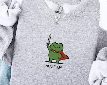 Funny Frog Embroidered Sweatshirt Gildan Heavy Blend, Sword Frog HUZZAH Embroidery Pullover, Cute Frog Lover Gift, Christmas Gift Idea