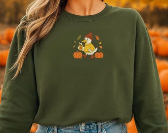 Fall Goose Shirt – Cozy Autumn Embroidered Sweatshirt or T-Shirt – Pumpkin Coffee Duck Shirt – Comfort Colors Fall Outfit