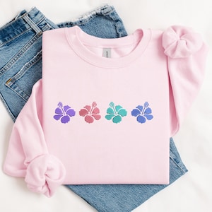 Hawaii Embroidered Crewneck Hibiscus Flower Hawaii Summer Vibes Beach Shirt, Hibiscus Floral Hawaii Beach Vacation Tshirt