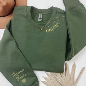 Custom Embroidered Mama Sweatshirt Grandma Gigi or your own text on Neckline Crewneck, Names on Sleeve, Gift for Her, Mother&#39;s Day Gift