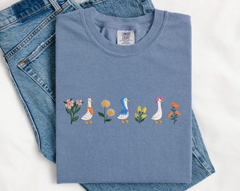 Embroidered Cute Goose Comfort Colors Shirt, Silly Goose Embroidered Tshirt, Goose  and Flower Shirt, Funny Shirt Gift