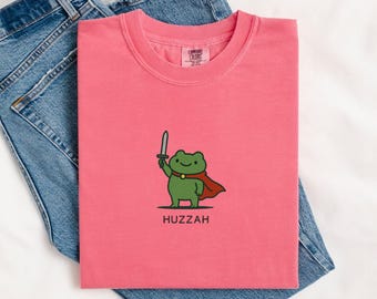 Funny Shirt Embroidered, Huzzah Frog with Sword Tee, Medieval Frog Shirt, Comfort Colors Tshirt Funny DnD Top, Renaissance Faire Frog Gift