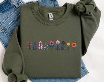 Wildflower Sweatshirt Embroidered, Floral Crewneck Embroidered, Tshirt Embroidered Gift for Her, Christmas Gift, Mother&#39;s Day Gift