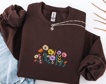 Wildflower Sweatshirt Embroidered, Floral Crewneck Embroidered, Tshirt Embroidered Gift for Her, Christmas Gift, Mother's Day Gift
