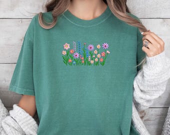Floral Shirt Women Comfort Colors Wildflower Tshirt Embroidered Shirt Floral Crewneck