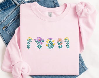 Wildflower Embroidered Sweatshirt Floral Tshirt Embroidered Crewneck Flower Shirt Embroidered Top Gift for Her, Mother's Day Gift