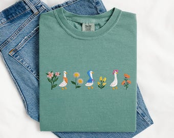 Embroidered Cute Goose Comfort Colors Shirt, Silly Goose Embroidered Tshirt, Goose  and Flower Shirt, Funny Shirt Gift