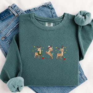 Comfort Colors Sweatshirt Embroidered, Christmas Reindeer Crewneck, Cute Holiday Deer Shirt, Festive Embroidered Sweater, Holiday Gift