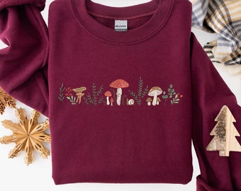 Sweatshirt geborduurde paddestoel, hoodie geborduurd bottany, T-shirt cottage-borduurwerk, sweater met ronde hals Forest Mushroom