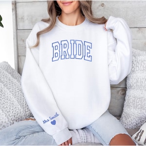 Custom Mrs. Embroidered Sweatshirt, Date On Sleeve, Name On Neckline, Wife Shirt, Future Mrs Hoodie, Engagement Gift, Bride To Be