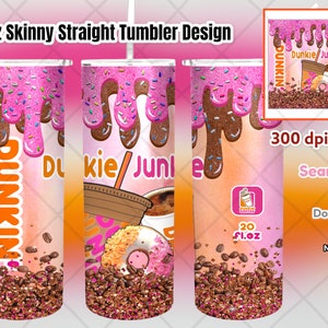 Diseño de vaso Dunkie Junkie, vaso delgado recto de 20 oz, PNG 300 ppp, envoltura de sublimación, descarga, llavero PNG, envoltura de Dunkin Donuts, café Dunkin