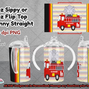 Firetruck Sippy, Firetruck Flip Top, can be Personalized, Full Wrap, 12oz Skinny Straight, PNG 300 dpi, Sublimation Design, Bottle Design