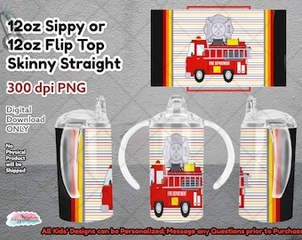 Firetruck Sippy Cup Design: 12oz Skinny Tumbler Wrap (Digital Download)