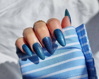 REUSABLE Blue Velvet Press On Nails | False nails | Gel nails | Fake nails set | Stiletto Nails | Glue On Nails | Reusable Cat Eye Nails