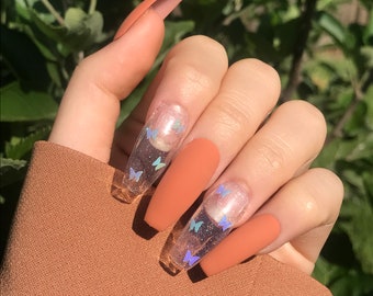 Pumpkin Orange Butterfly Glitter Press On Nails | Fake Nails | Coffin Ballerina Almond Stiletto Oval Nails | Gel Nails|Matte Glossy