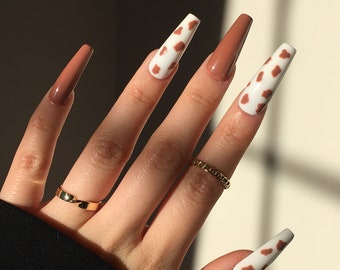 Doja Brown Cow Press On Nails | False Fake Nails | Dalmatian Nails | Gel Nails| Coffin Almond Stiletto nails | Hand painted Nails | Reusable