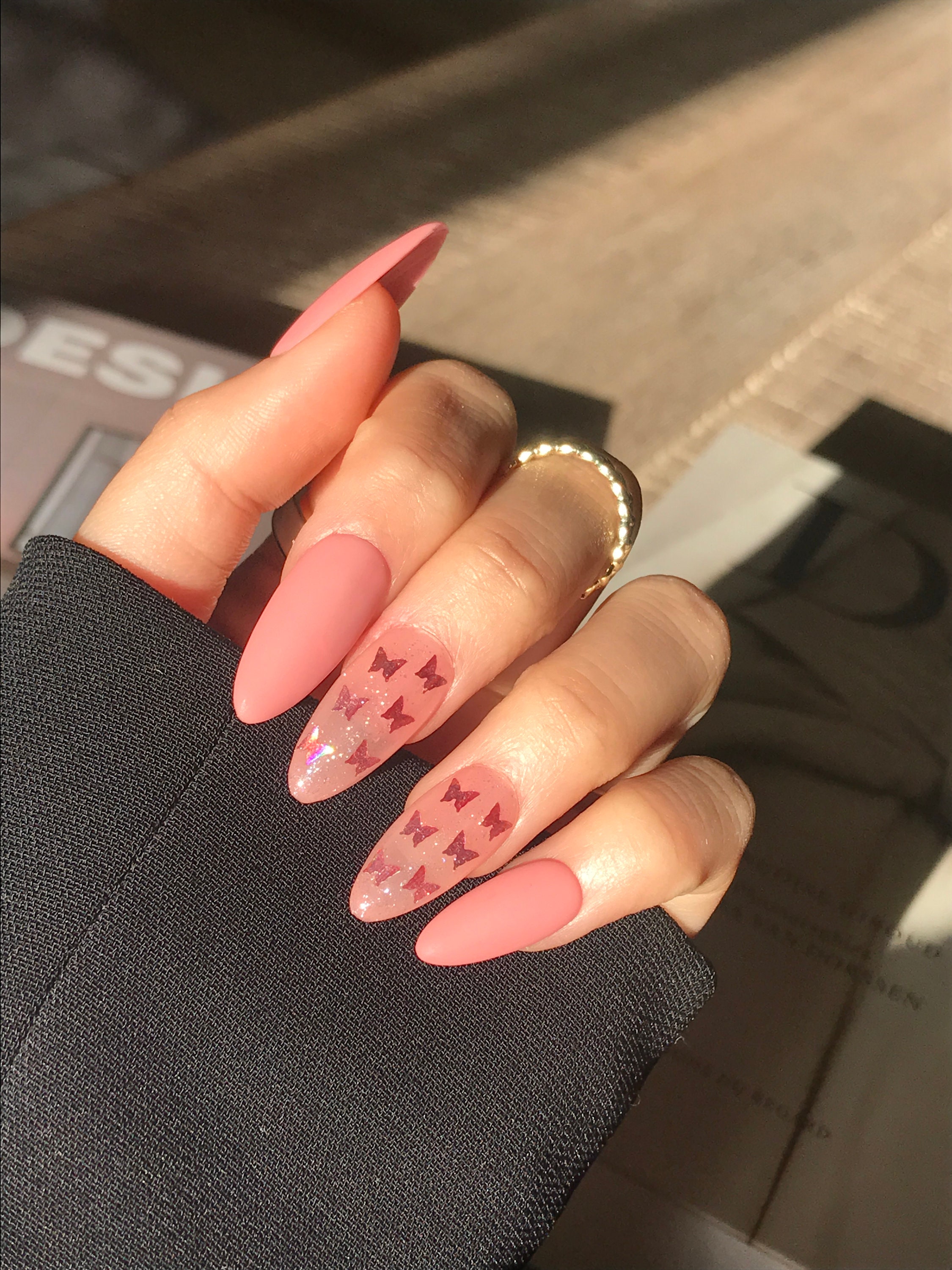 Pink Butterfly Press On Nails Butterfly Opaque Nails Fake Etsy Italia