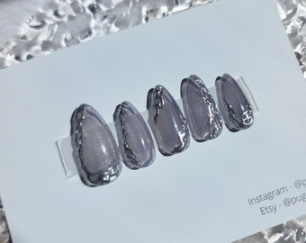 NEW 3D Chrome Silver Press On Nails | False nails | Gel nails | Fake nails set | Stiletto Nails | Glue On Nails | Gothic Nails | Punk Nails
