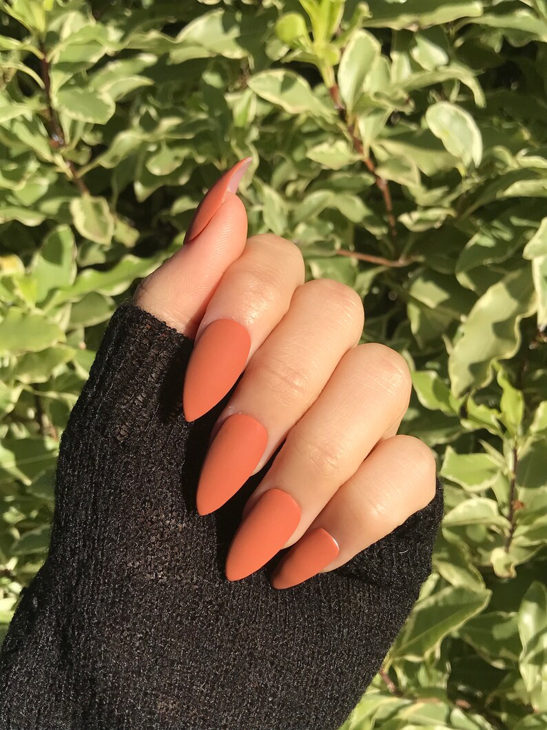 Burnt Orange Press On Nails Dark Pumpkin nails Gel nails Fake nails set Coffin Almond Stiletto nails Set of 20 nails image 3