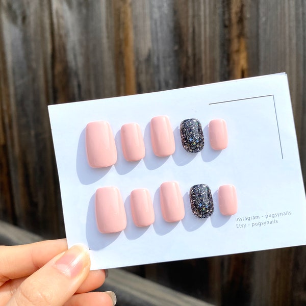 Light Pink Black Glitter Press On Nails  | Fake nails | False nails | Gel nails | Fake nails set | Coffin nails | Almond nails | Oval nails