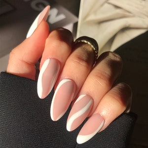 White Minimalist Abstract Press On Nails False nails Gel nails Fake nails set Stiletto Nails Glue On Nails Reusable image 2