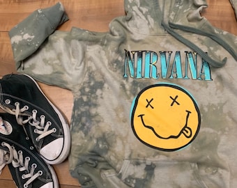 Nirvana Vintage Inspired Hooded Sweatshirt | Nirvana Hoodie | Acid Wash Nirvana Sweatshirt | Custom Nirvana Hoodie |