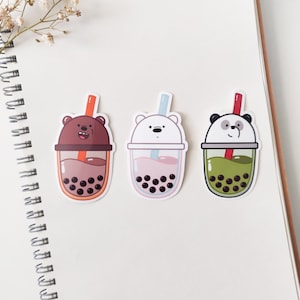 We Bare Bear Boba-drankstickers | Grizzly Boba | IJsbeer Boba | Panda Boba | Bubbelthee | Leuke dagboekstickers | Beren | Tapioca drinken