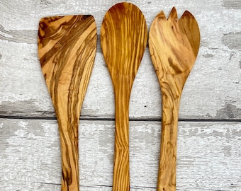 3 Pcs - Olivewood WOODEN SALAD SERVERS, Spoons -  Kitchen Serving Utensil - Perfect gift for all occasions - Appleyard & Crowe