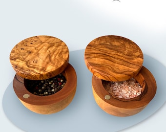 Olive wood Salt and Pepper cellar - Salt Pig - Kitchen Table Décor - Unique salt, Spice bowl Gift- Canister- Appleyard & Crowe