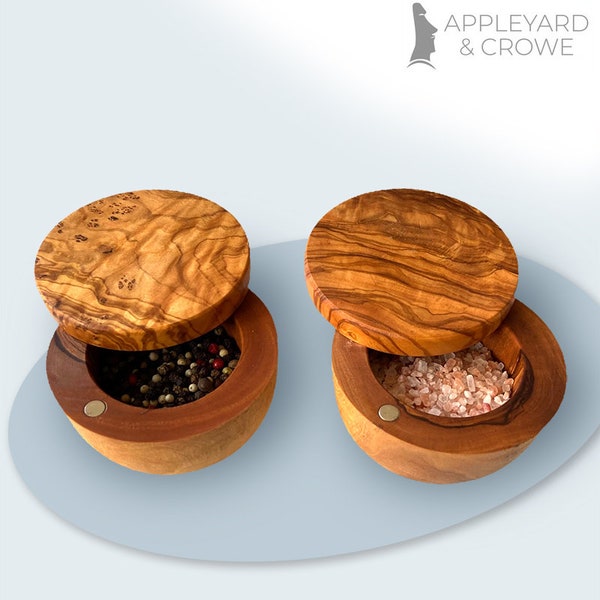 Olive wood Salt and Pepper cellar - Salt Pig - Kitchen Table Décor - Unique salt, Spice bowl Gift- Canister- Appleyard & Crowe