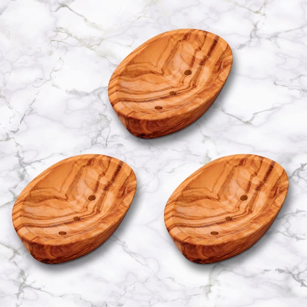 Set of 3 - Natural Olive wood Soap Dish Storage Holder- Handcrafted for Soap in Europe -OLIVE WOOD MADE- Slim Compact-Appleyard & Crowe